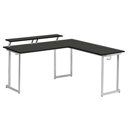 Techni Sport L-Shaped Gaming Desk with Dual Monitor Stands, Carbon Fiber Surface with Retractable Cup Holder and Headphone Hook, Black