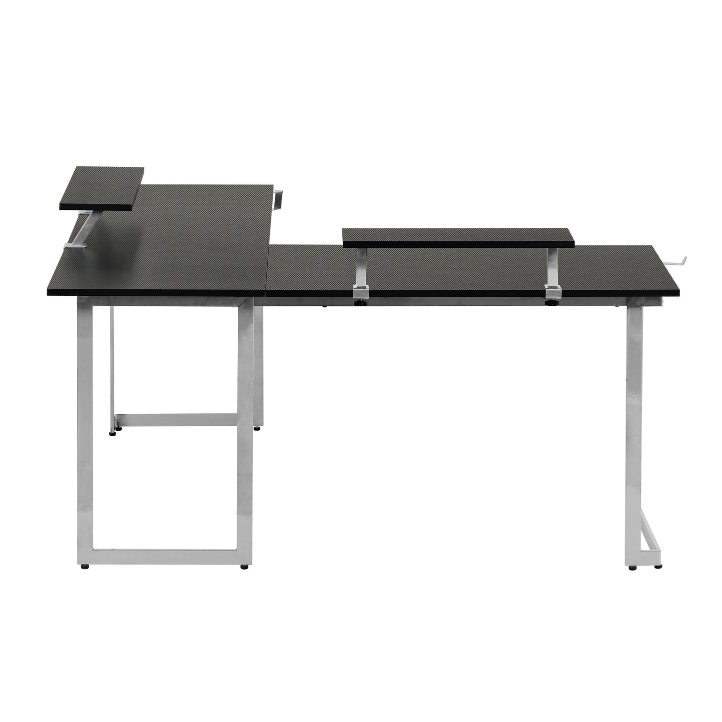 Techni Sport L-Shaped Gaming Desk with Dual Monitor Stands, Carbon Fiber Surface with Retractable Cup Holder and Headphone Hook, Black