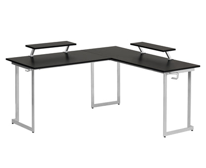 Techni Sport L-Shaped Gaming Desk with Dual Monitor Stands, Carbon Fiber Surface with Retractable Cup Holder and Headphone Hook, Black