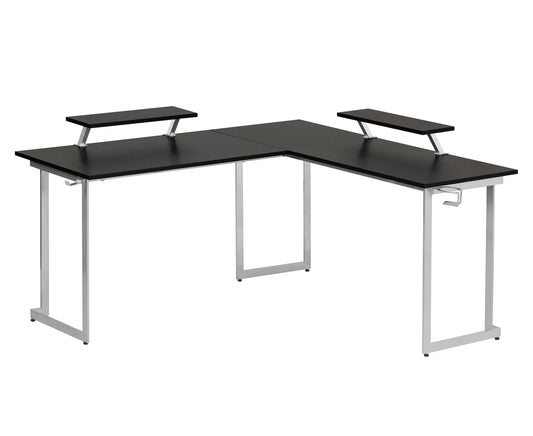 Techni Sport L-Shaped Gaming Desk with Dual Monitor Stands, Carbon Fiber Surface with Retractable Cup Holder and Headphone Hook, Black