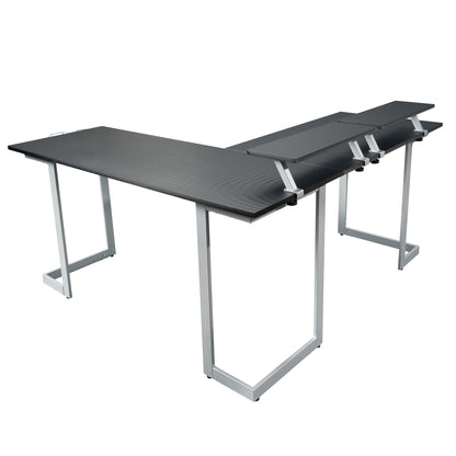 Techni Sport L-Shaped Gaming Desk with Dual Monitor Stands, Carbon Fiber Surface with Retractable Cup Holder and Headphone Hook, Black