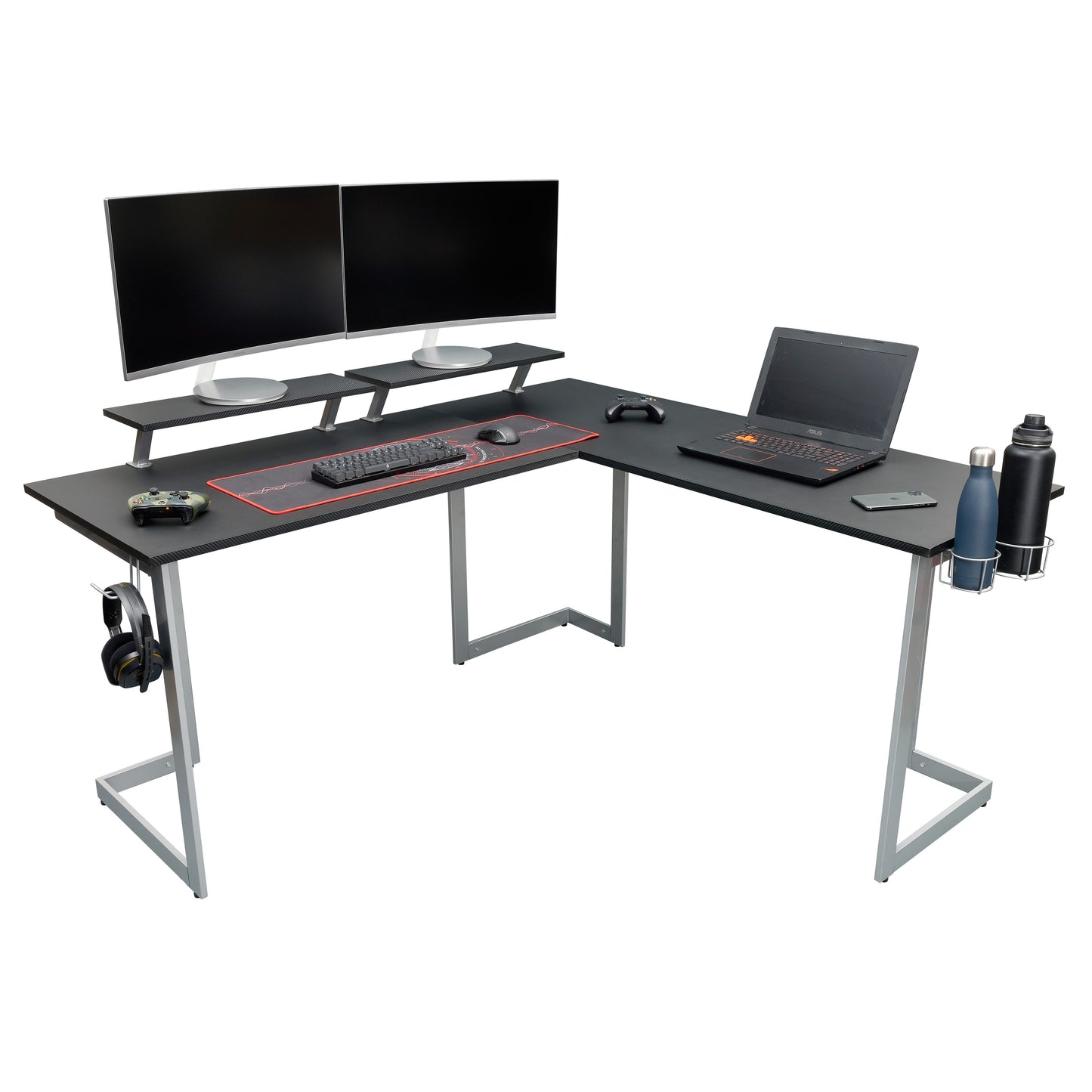 Techni Sport L-Shaped Gaming Desk with Dual Monitor Stands, Carbon Fiber Surface with Retractable Cup Holder and Headphone Hook, Black