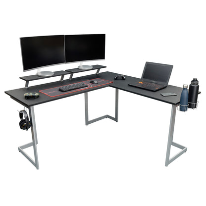 Techni Sport L-Shaped Gaming Desk with Dual Monitor Stands, Carbon Fiber Surface with Retractable Cup Holder and Headphone Hook, Black