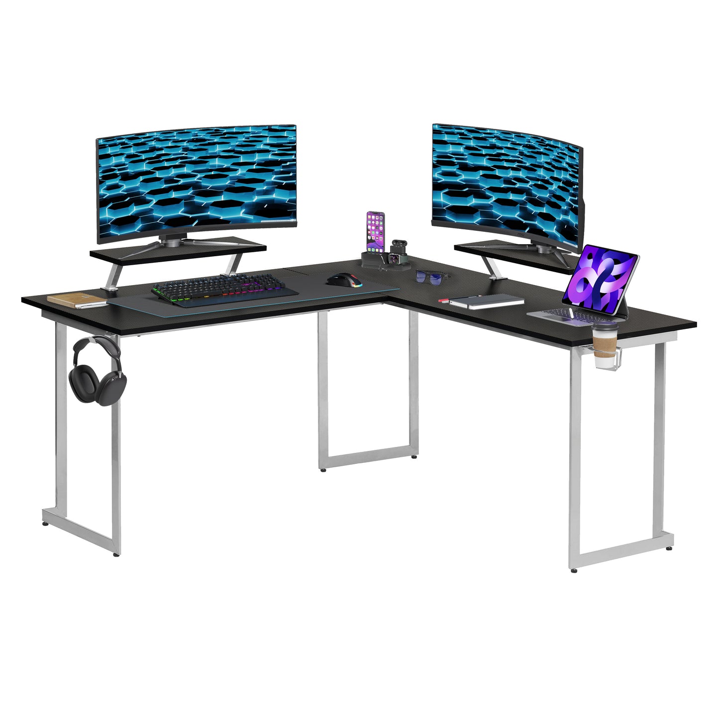 Techni Sport L-Shaped Gaming Desk with Dual Monitor Stands, Carbon Fiber Surface with Retractable Cup Holder and Headphone Hook, Black