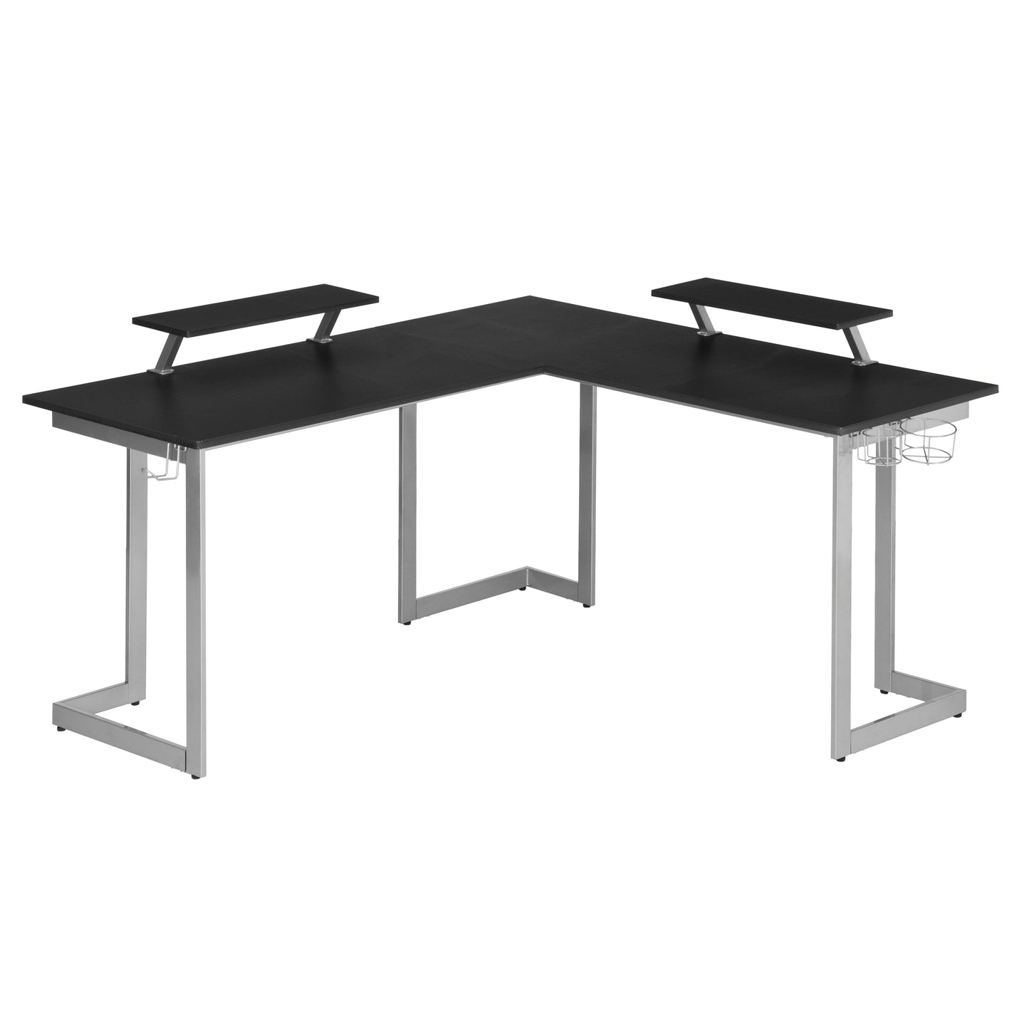 Techni Sport L-Shaped Gaming Desk with Dual Monitor Stands, Carbon Fiber Surface with Retractable Cup Holder and Headphone Hook, Black