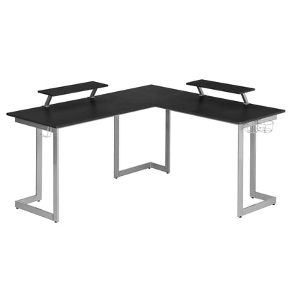 Techni Sport L-Shaped Gaming Desk with Dual Monitor Stands, Carbon Fiber Surface with Retractable Cup Holder and Headphone Hook, Black