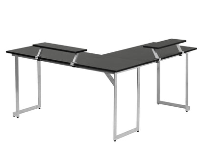 Techni Sport L-Shaped Gaming Desk with Dual Monitor Stands, Carbon Fiber Surface with Retractable Cup Holder and Headphone Hook, Black
