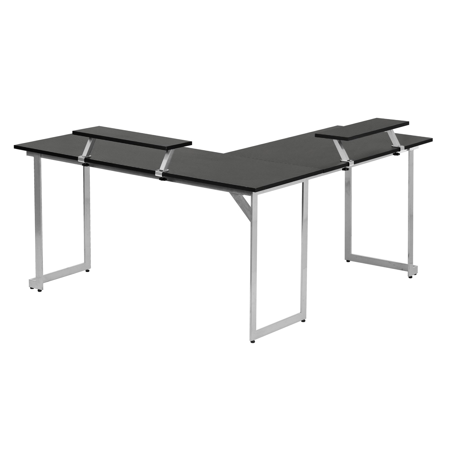 Techni Sport L-Shaped Gaming Desk with Dual Monitor Stands, Carbon Fiber Surface with Retractable Cup Holder and Headphone Hook, Black