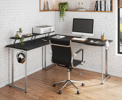 Techni Sport L-Shaped Gaming Desk with Dual Monitor Stands, Carbon Fiber Surface with Retractable Cup Holder and Headphone Hook, Black