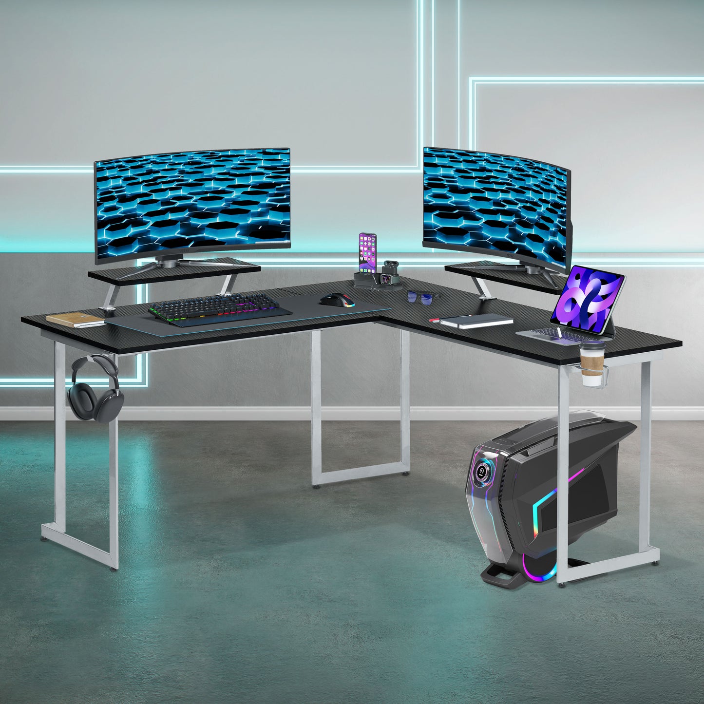 Techni Sport L-Shaped Gaming Desk with Dual Monitor Stands, Carbon Fiber Surface with Retractable Cup Holder and Headphone Hook, Black