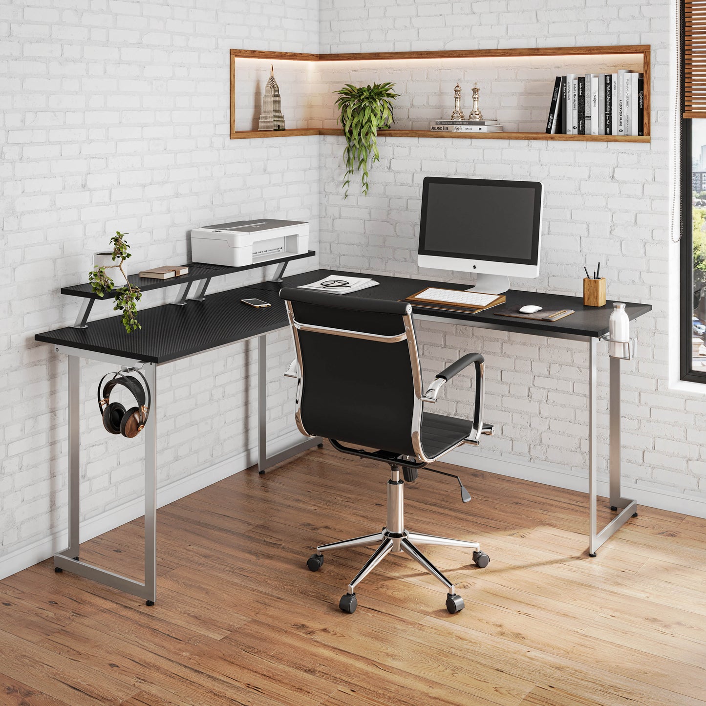 Techni Sport L-Shaped Gaming Desk with Dual Monitor Stands, Carbon Fiber Surface with Retractable Cup Holder and Headphone Hook, Black