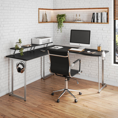 Techni Sport L-Shaped Gaming Desk with Dual Monitor Stands, Carbon Fiber Surface with Retractable Cup Holder and Headphone Hook, Black