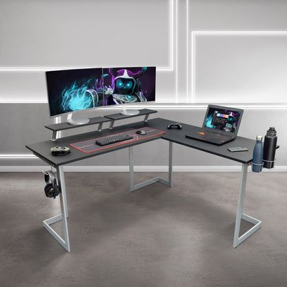 Techni Sport L-Shaped Gaming Desk with Dual Monitor Stands, Carbon Fiber Surface with Retractable Cup Holder and Headphone Hook, Black