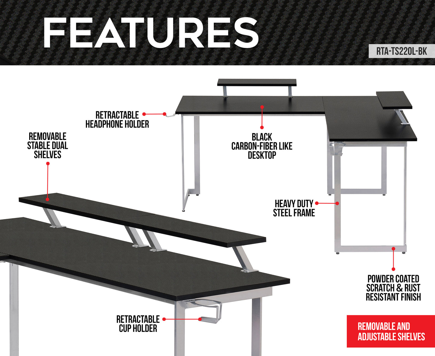 Techni Sport L-Shaped Gaming Desk with Dual Monitor Stands, Carbon Fiber Surface with Retractable Cup Holder and Headphone Hook, Black