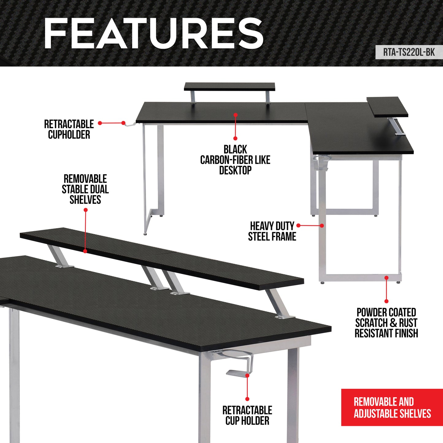 Techni Sport L-Shaped Gaming Desk with Dual Monitor Stands, Carbon Fiber Surface with Retractable Cup Holder and Headphone Hook, Black