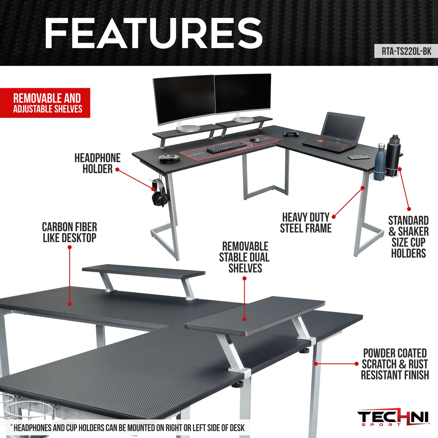 Techni Sport L-Shaped Gaming Desk with Dual Monitor Stands, Carbon Fiber Surface with Retractable Cup Holder and Headphone Hook, Black