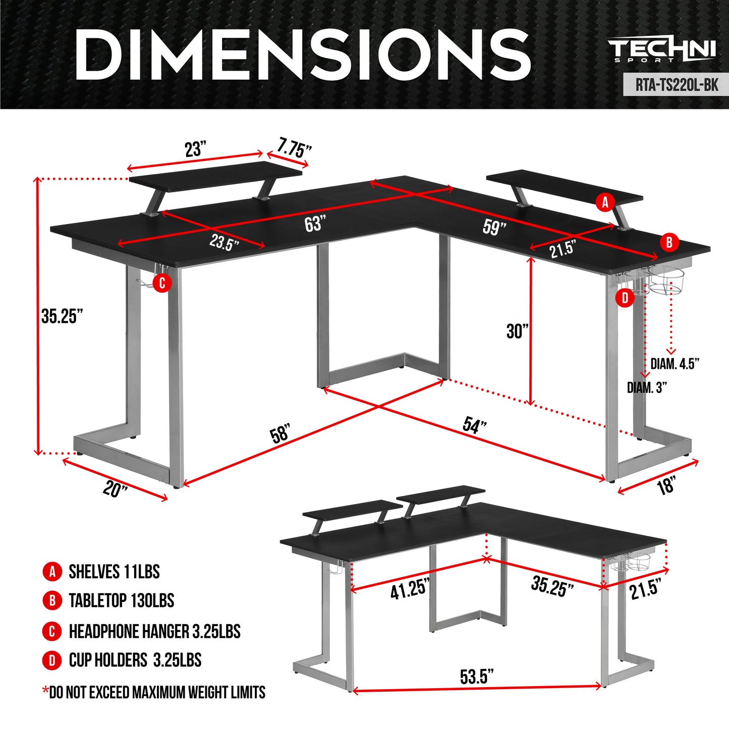 Techni Sport L-Shaped Gaming Desk with Dual Monitor Stands, Carbon Fiber Surface with Retractable Cup Holder and Headphone Hook, Black