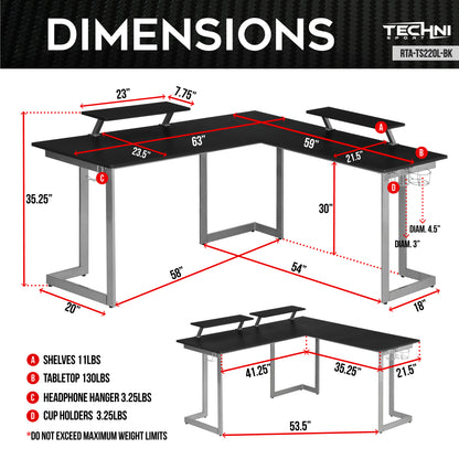 Techni Sport L-Shaped Gaming Desk with Dual Monitor Stands, Carbon Fiber Surface with Retractable Cup Holder and Headphone Hook, Black