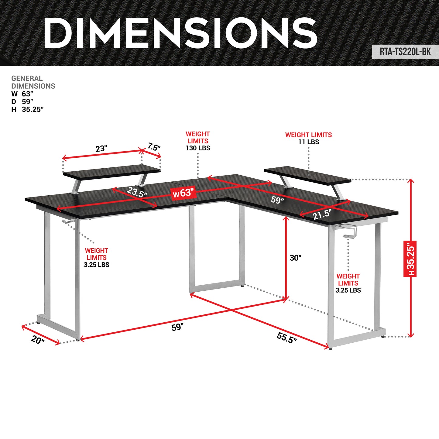 Techni Sport L-Shaped Gaming Desk with Dual Monitor Stands, Carbon Fiber Surface with Retractable Cup Holder and Headphone Hook, Black