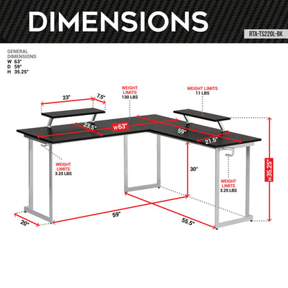 Techni Sport L-Shaped Gaming Desk with Dual Monitor Stands, Carbon Fiber Surface with Retractable Cup Holder and Headphone Hook, Black