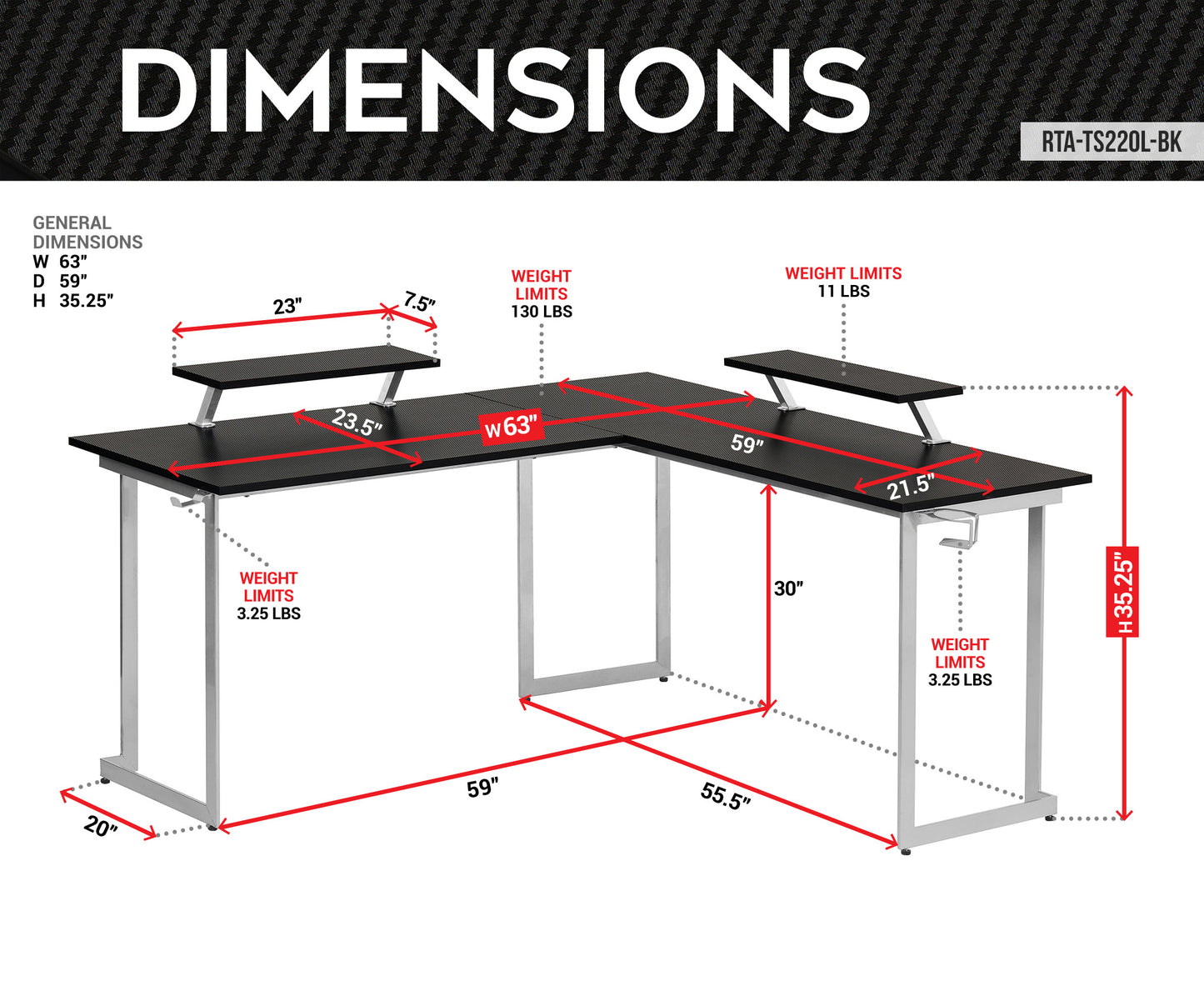 Techni Sport L-Shaped Gaming Desk with Dual Monitor Stands, Carbon Fiber Surface with Retractable Cup Holder and Headphone Hook, Black