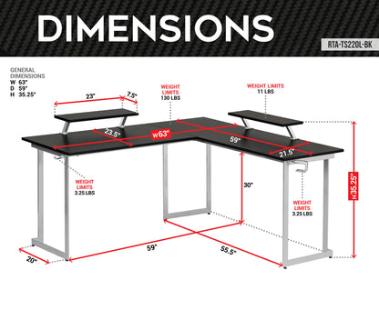 Techni Sport L-Shaped Gaming Desk with Dual Monitor Stands, Carbon Fiber Surface with Retractable Cup Holder and Headphone Hook, Black