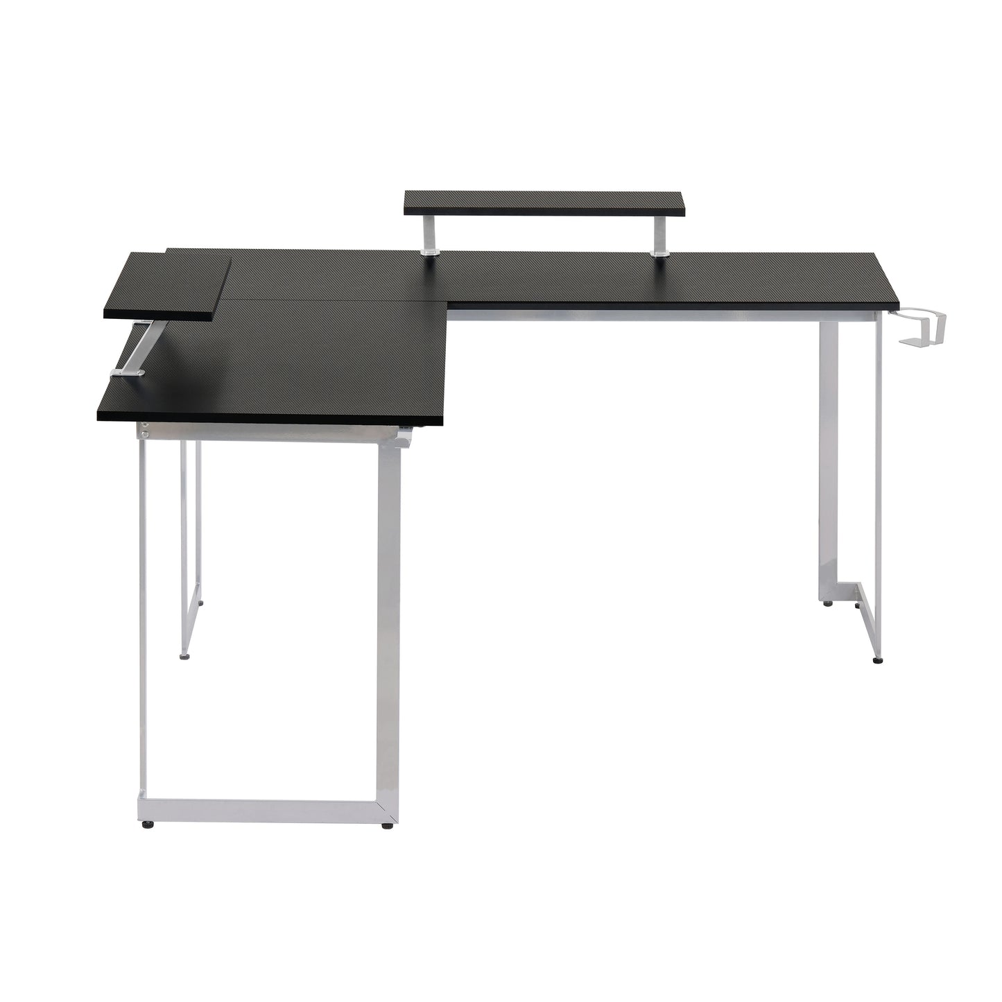 Techni Sport L-Shaped Gaming Desk with Dual Monitor Stands, Carbon Fiber Surface with Retractable Cup Holder and Headphone Hook, Black