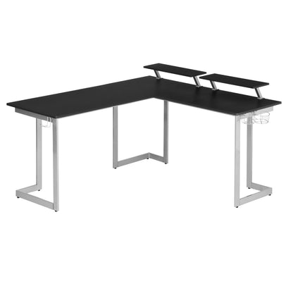Techni Sport L-Shaped Gaming Desk with Dual Monitor Stands, Carbon Fiber Surface with Retractable Cup Holder and Headphone Hook, Black