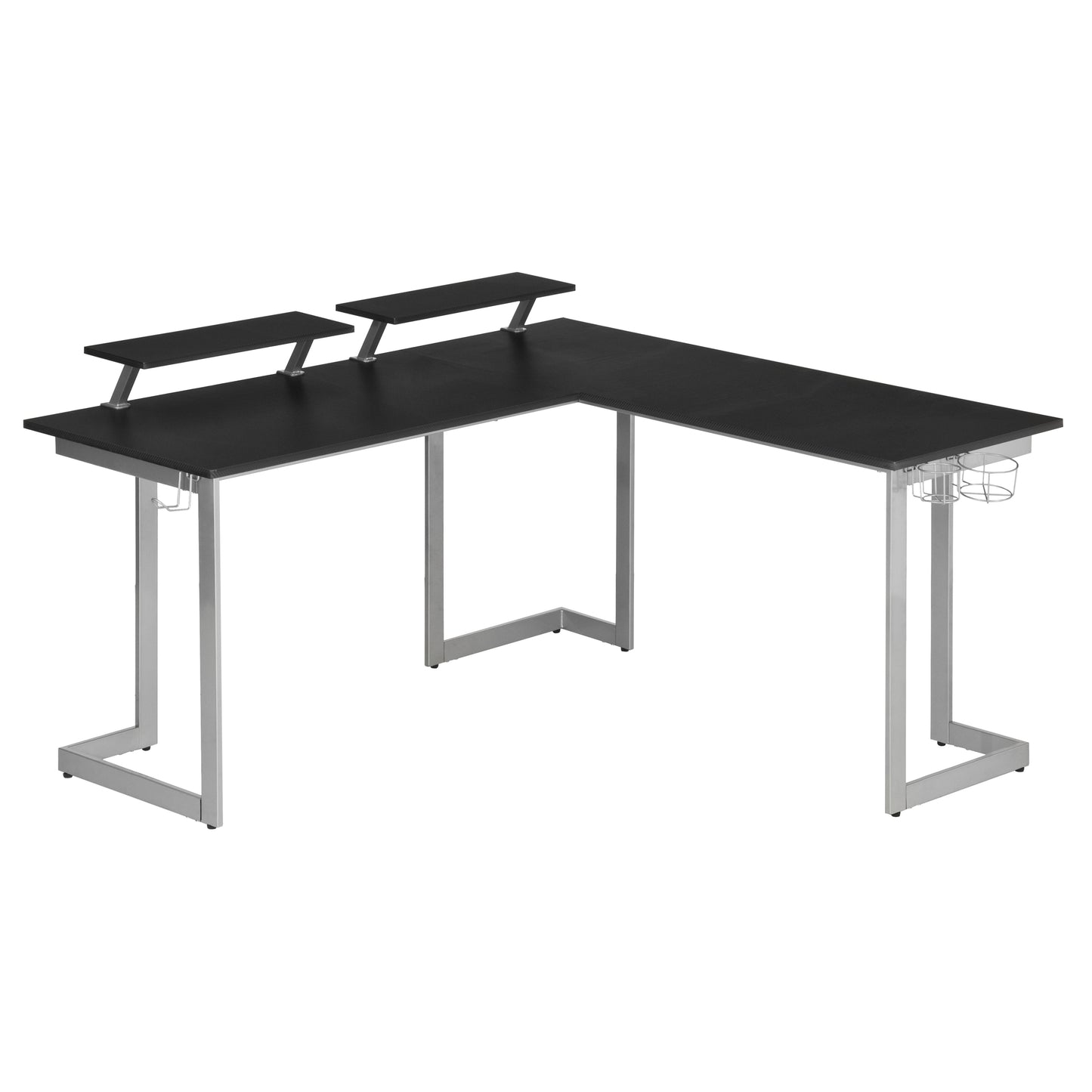 Techni Sport L-Shaped Gaming Desk with Dual Monitor Stands, Carbon Fiber Surface with Retractable Cup Holder and Headphone Hook, Black