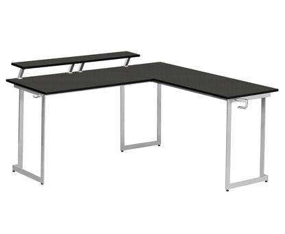 Techni Sport L-Shaped Gaming Desk with Dual Monitor Stands, Carbon Fiber Surface with Retractable Cup Holder and Headphone Hook, Black