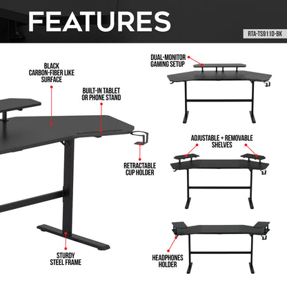 Techni Sport TS91D Gaming Desk with Shelves & Accessory Holder, Black 