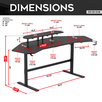 Techni Sport TS91D Gaming Desk with Shelves & Accessory Holder, Black 