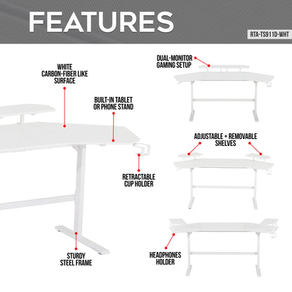 Techni Sport TS91D Gaming Desk with Shelves & Accessory Holder, White